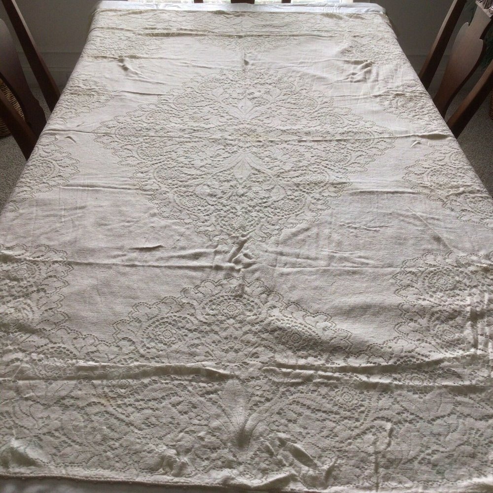 Antique Vintage Tablecloth Cream Rectangle